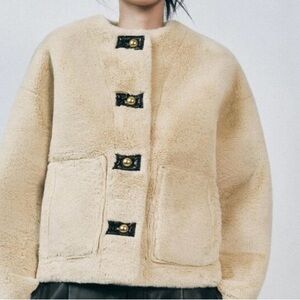 Zara Cream Faux Fur Jacket with Black Button Accents